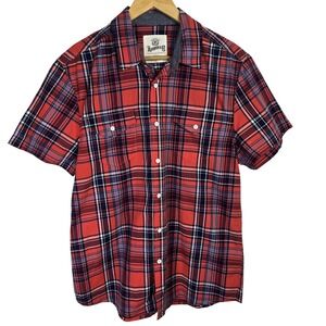 Roebuck & Co Mens Plaid Short Sleeve Button Up Shirt Red Blue Size‎ M